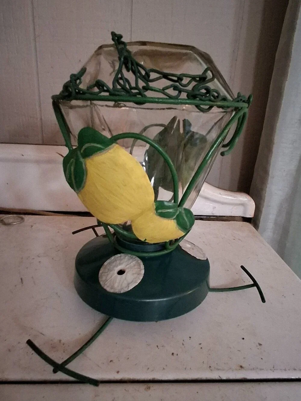Vintage Glass with Metal Lemons Hummingbird Feeder